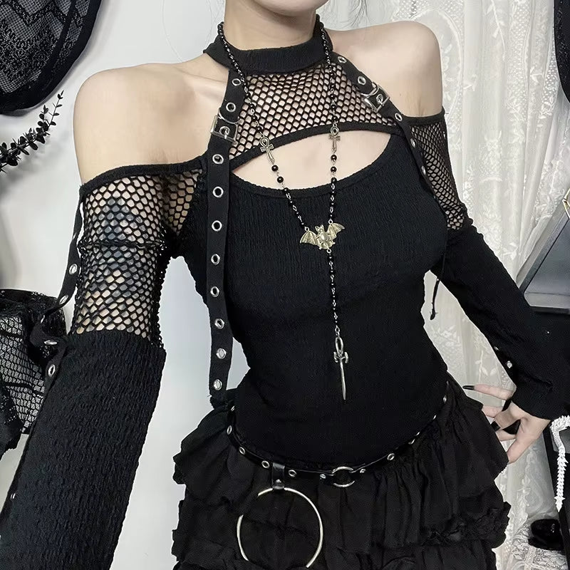 Deconstructed Fishnet Patchwork Off-Shoulder Ritual Top