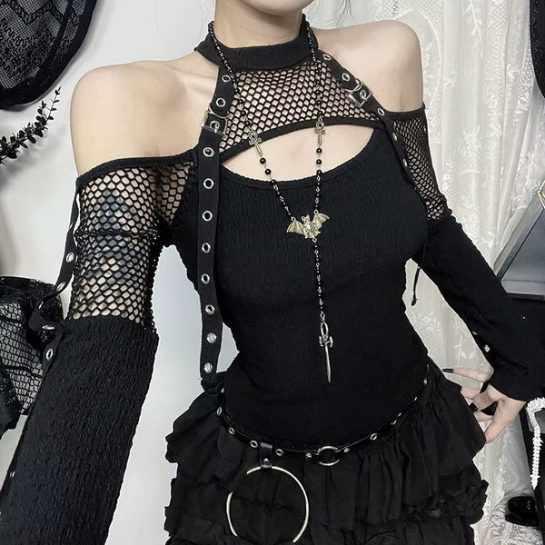 Deconstructed Fishnet Patchwork Off-Shoulder Ritual Top
